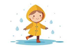 Joyful Kid Splashing in Puddle with Raindrops Cartoon on White Background vector