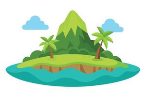 Cartoon Island Paradise with Green Mountain, Palm Trees and Blue Cloudy Sky vector
