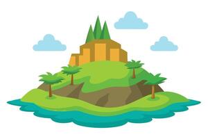 Cartoon Island with Mountain, Palm Trees, and Clouds on White Background vector