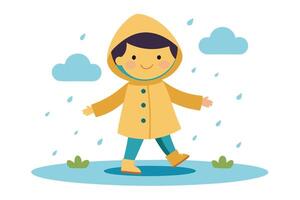 Cartoon Child in Yellow Raincoat Walking in Puddle with Clouds and Raindrops vector