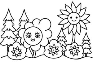 Cartoon Outlined Garden with Smiling Flowers and Trees on White Background vector