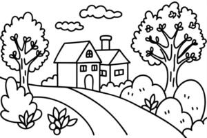 Outline Sketch of Countryside House With Trees and Bushes, Path Under Clouds vector