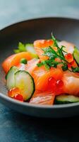 Fresh salmon sashimi with cucumber and roe garnish in a black bowl, highlighting japanese cuisine and culinary art, photo