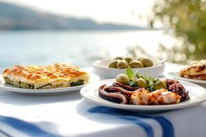 Mediterranean seaside dining table featuring spinach pie, octopus, grilled cheese, and olives in a serene outdoor setting, photo