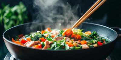 Chopsticks grasp fresh vegetables in a steaming pan of stir fried delight with vibrant colors and aromatic flavors, photo