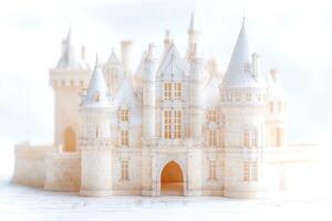 Detailed architectural model of an elegant castle with towers and arched entrances in soft light, photo