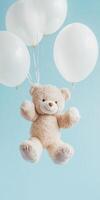 Adorable plush plush bear with white balloons floating against blue background playful cheerful scene, photo
