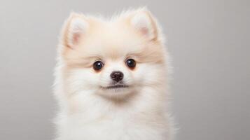 Fluffy Pomeranian puppy posing on light background with adorable expression playful and cute dog portrait, photo