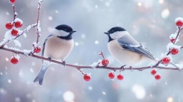 Charming winter scene with two chickadees perched on snowy berry branches in serene natural setting, photo
