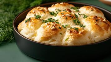 Freshly baked garlic bread rolls topped with herbs and nuts in a pan, ready to serve photo