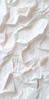 Crumpled white paper texture for background, abstract art, creative design element for digital projects photo