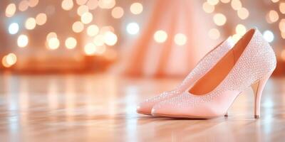 Elegant pink high heels with sparkling pearls against a soft bokeh background at an evening event photo
