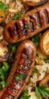 Grilled sausages with roasted potatoes and fresh herbs on a bed of caramelized onions and cabbage photo