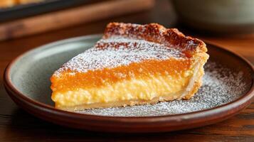 Delicious slice of apricot custard tart with a flaky crust and powdered sugar garnish on a rustic plate photo