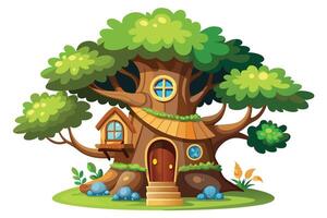Cartoon Treehouse with Round Windows and Steps on Green Grass, Isolated on White vector