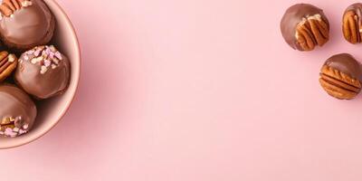 Chocolate truffles in a bowl and on table with pecans and pink sprinkles on a pastel background photo