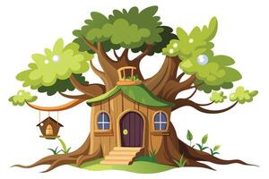 Cartoon Treehouse Design, Whimsical Home with Leaves, and Hanging Birdhouse vector