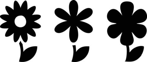 Three Abstract Black Flowers with Stems and Leaves in a Row Isolated vector