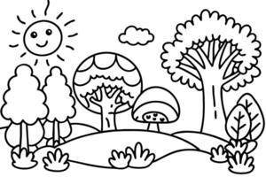 Cartoon Landscape with Trees, Mushroom, Sun, and Cloud in Outlined Style vector