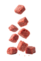 Ground beefs cut into pieces float in the air, separated, isolated on a transparent background png