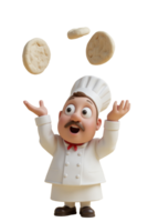 A 3D animated chef tossing pizza dough high in the air, looking surprised png
