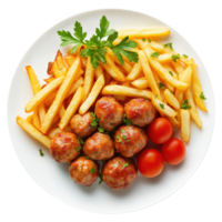 Plate of french fries and meatballs with a tomatoes, isolated on a transparent background, top view png