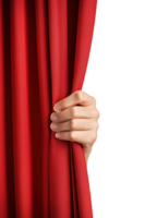 Hand pulling aside a red curtain, isolated on a transparent background png
