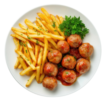 Plate of french fries and meatballs with a sauce, isolated on a transparent background, top view png