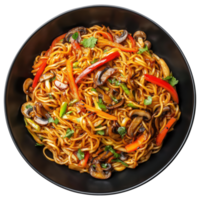 Wok noodles with vegetables and mushrooms in a black bowl, isolated on a transparent background png
