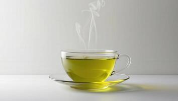 a steaming cup of green tea with a light background, offering a sense of warmth and relaxation photo