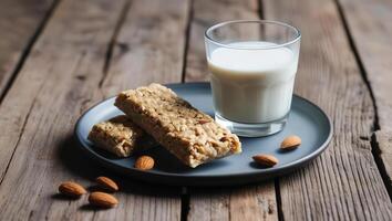 a healthy snack featuring granola bars, a glass of milk and almonds, placed on a rustic wooden surface photo