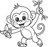Cute Black and White line art style monkey holding a banana and branch, perfect for coloring. vector