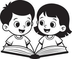 A simple black and white silhouette illustration of two children reading open book vector