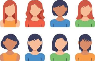 A set of eight simple, flat design avatar icons representing diverse women with different hair colors and styles. vector