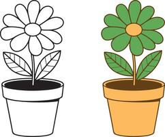 Illustration of a potted flower shown in both black and white for coloring and fully colored version, ideal for kids' activities. vector