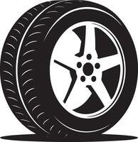 A simple, clean, black and white graphic of a car tire and wheel. vector