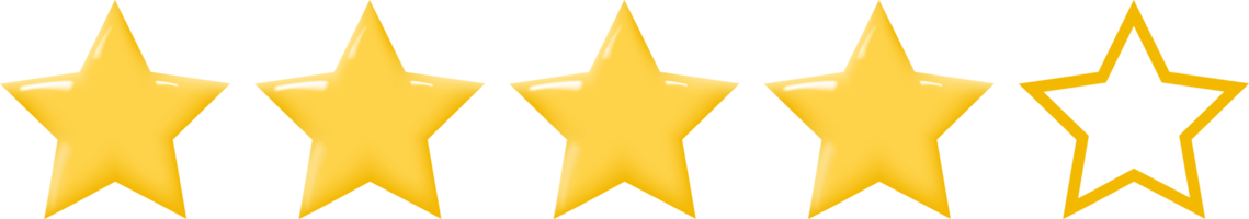 Horizontal row of five golden stars with one outlined star. Isolated on transparent background. png