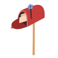 Lovely cartoon open residential mailbox with delivered envelopes inside and flower instead of flag. Hand draw home postbox on wooden leg to receive letters, parcels from postman isolated on white. vector