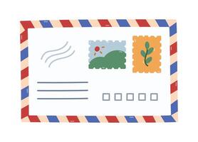 Lovely cartoon blank airmail envelope with red blue striped frame, postage stamps. marks, address line, index. Hand drawn USA post, correspondence paper with meadow and leaf picture isolated on white. vector