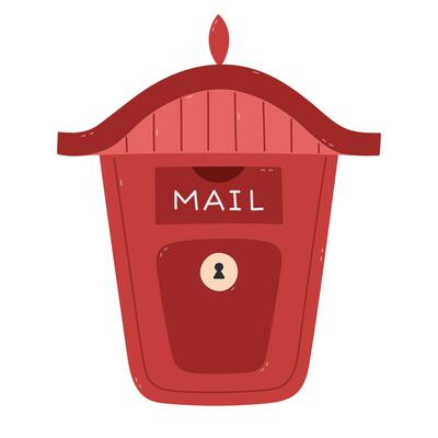 Lovely cartoon elegant public wall mailbox with lettering Mail and closed keyhole. Hand draw street letter box to send envelope, package, parcel. Retro postbox of postal office isolated on background.