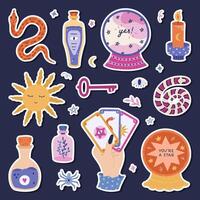Lovely cartoon magical and fortuneteller sticker set with witchcraft symbols for planners, notebooks, diary. Ready for print list of cute stickers of snake, forecast in crystal ball, tarot Sun. vector