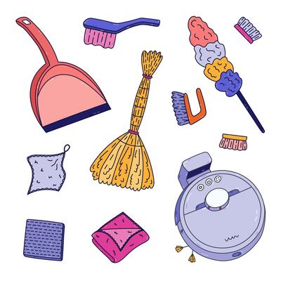 Coloured line doodle set with sanitation and hygiene supply. Hand drawn robot vacuum cleaner, feather duster, broom, dustpan, different rags. Wet and dry cleaning collection isolated on white.