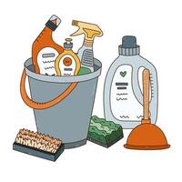 Lovely outline cartoon housework concept illustration with bucket and detergent products, liquids, rubber toilet plunger, scrubbing brushes. Funny doodle composition for website, poster, media. vector