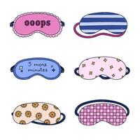 Lovely colored doodle sleeping mask set with star, line pattern, check, oops lettering, Funny hand drawn cartoon eye mask for sleep well. Bedtime accessory isolated on white background. vector