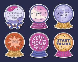 Lovely colorful doodle sticker set with magical crystal ball with positive forecast for planners, notebooks. Ready for print list of stickers of ball of fortune teller with motivational lettering. vector