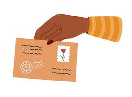 Lovely cartoon women hand holding envelope with postage stamp, marks, place for address and index. Hand drawn letter in female arm to put it in mailbox, send via post office isolated on background. vector