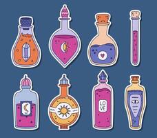 Lovely doodle sticker set with different magic potion, elixir, poison, alchemy for planners, notebook. Ready for print list of cute multicolor stickers of vials, vintage flasks for love, luck, energy. vector