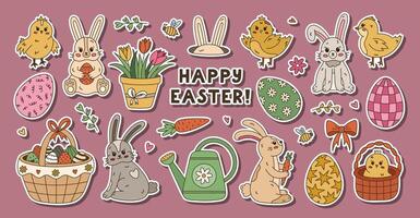 Big colorful spring and Happy Easter sticker set for planners, notebook. Ready for print list of lovely stickers with doodle of different bunny, cute chick, ornate eggs, tulips. Religious carnival. vector