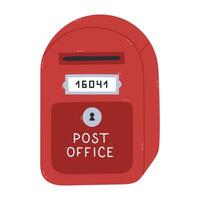 Lovely cartoon red mailbox with index label, keyhole and open hole to send envelopes, parcels. Hand draw street letter box beside post office. Retro postbox of postal service isolated on background. vector