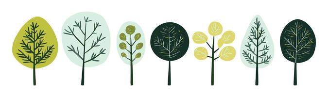 Botanical tree and leaf collection in a hand-drawn flat design. Includes a variety of bare and leafy trees, ideal for nature-themed projects and illustrations. vector